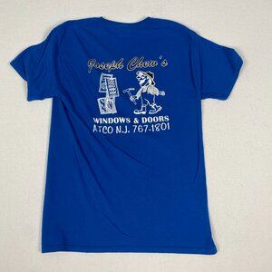 Joseph Chew's Construction Window and Doors Graphic Blue Tee Size Medium